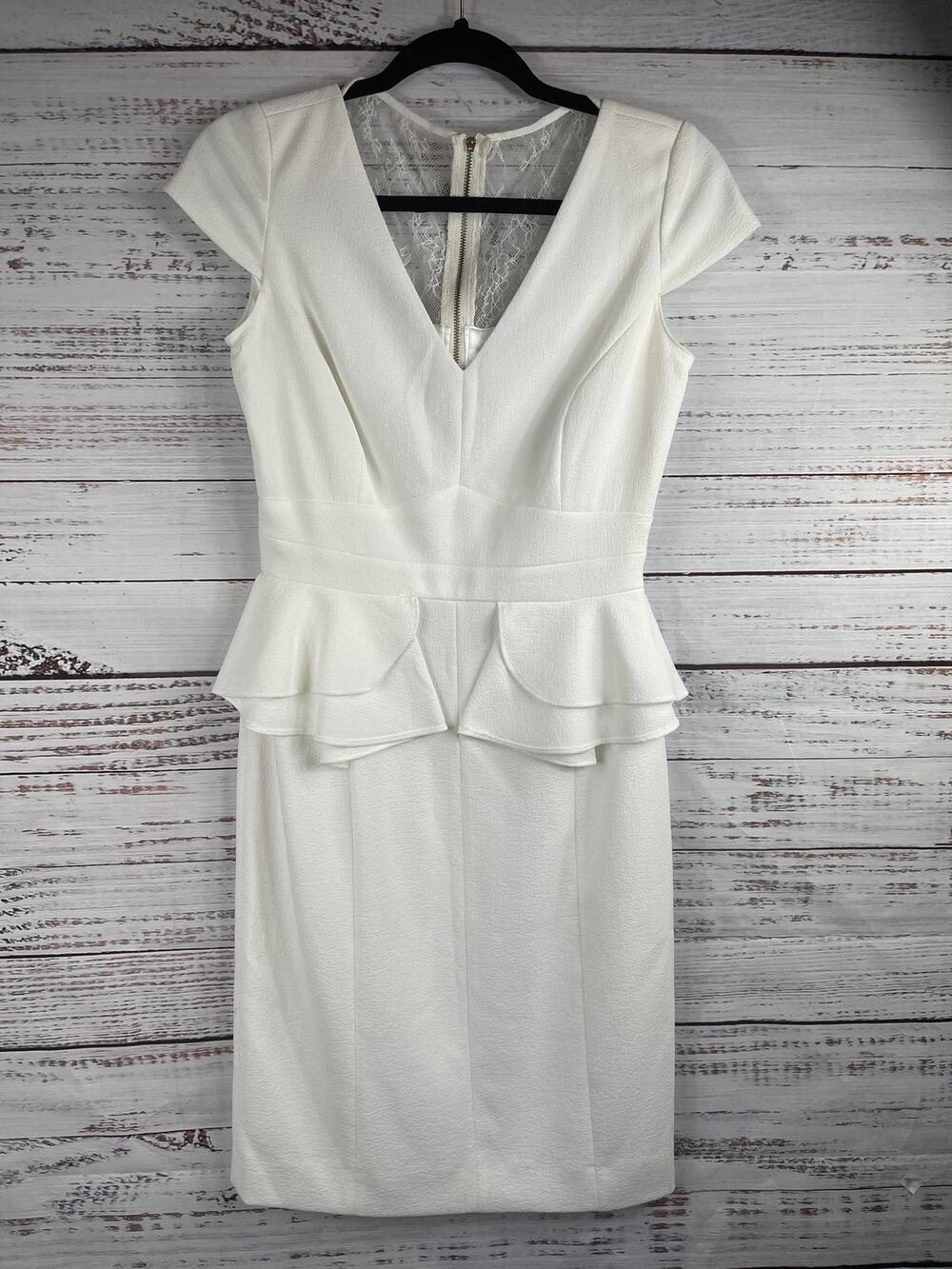 Antonio Melani Dress Women's 2 White Cap Sleeve Peplum Sheath Lace Back Elegant